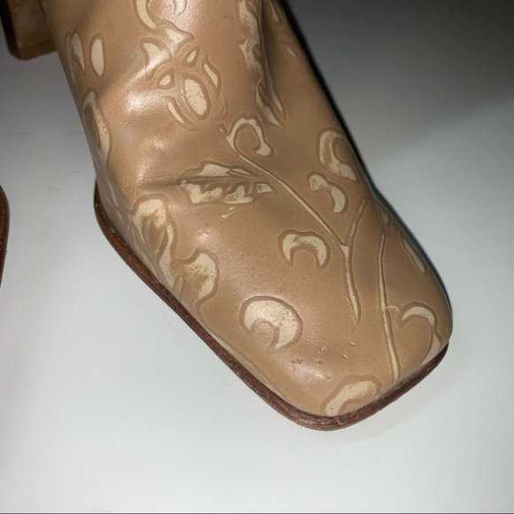 Greenwich Village Leather Heeled Boots Size 5.5 Tan Floral Mid Calf‎ Square Toe - Picture 10 of 10